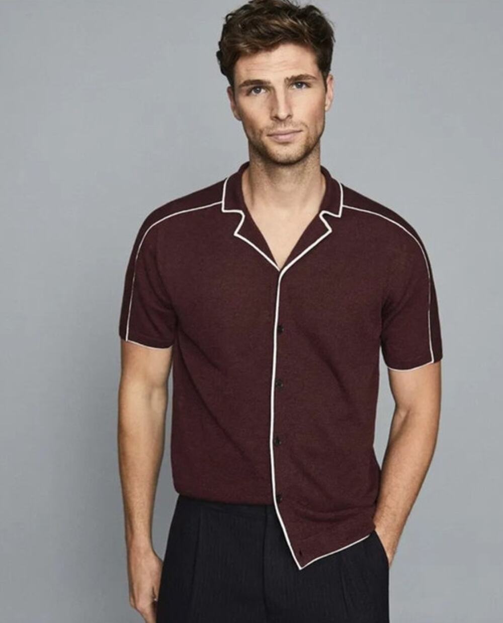 REISS Horsey Cuban Collar Button Through Shirt Size L NEW Maroon White $125